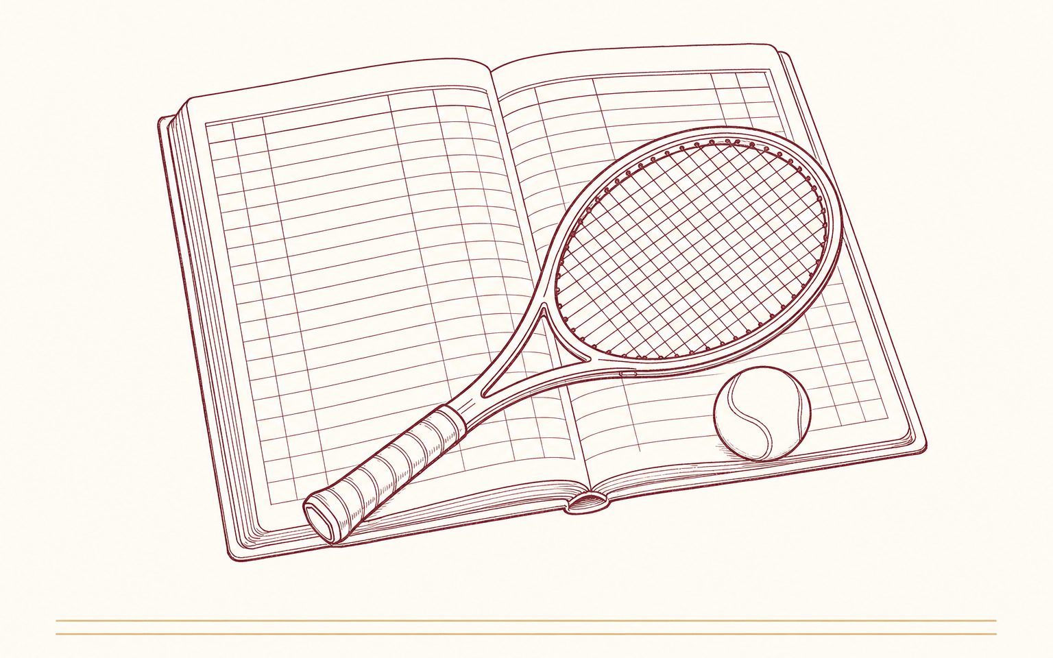 Tennis racket and ball resting on an open form ledger — line-art illustration